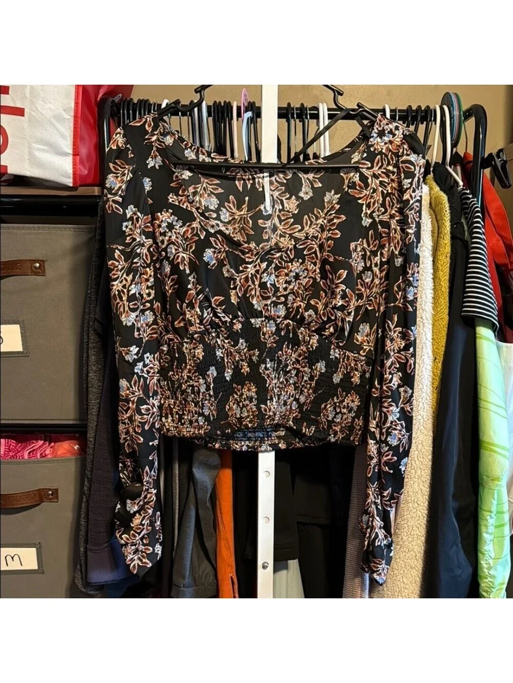 Free People Women's Santiago Print Smocked Crop Top Long Sleeve Blouse Sz Small